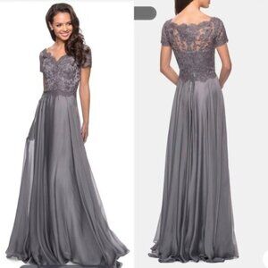 La Femme Embroidered Lace Bodice Aline Gown 8 Platinum Chiffon 27924